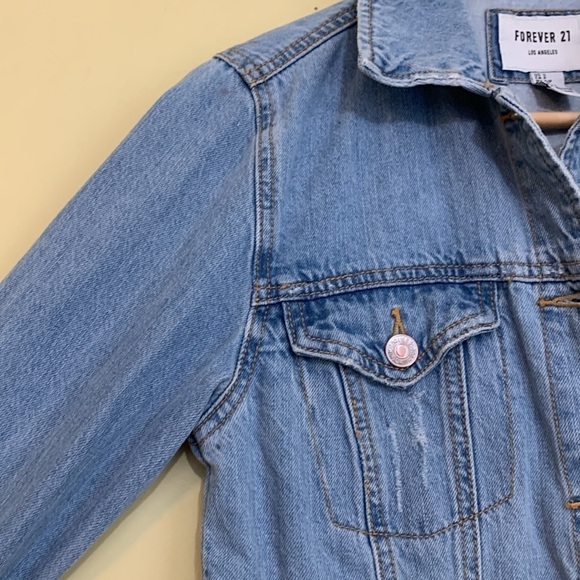 Forever 21 | Distressed Denim Blue Jean Button Down Jacket Small - Picture 5 of 14